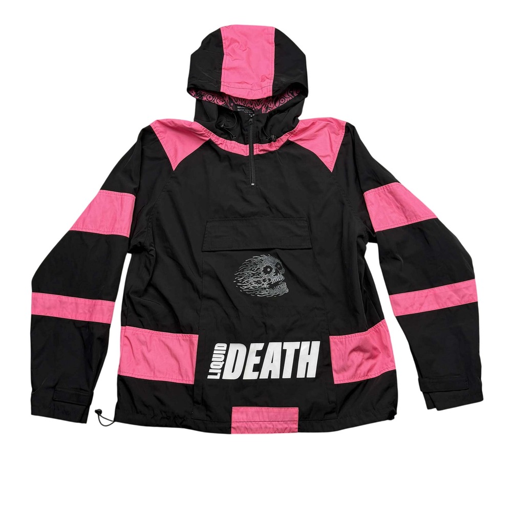 Liquid Death Windbreaker Men XL Black Pink Skull Graphic Anorak Pullover Hooded